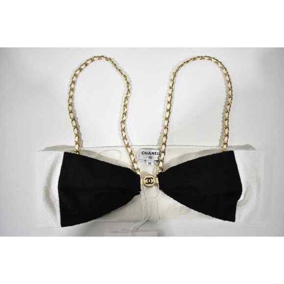 Chanel 22S Runway Black White Gold Chain CC Logo Stretch Cotton Crepe Top Bra 36 - Picture 8 of 12